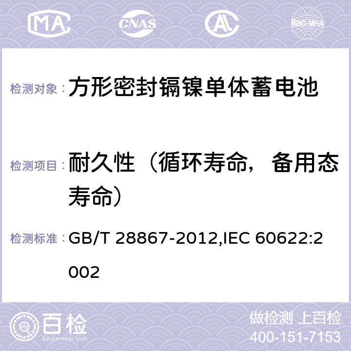 耐久性（循环寿命，备用态寿命） 含碱性或其它非酸性电解质的蓄电池和蓄电池组 方形密封镉镍单体蓄电池 GB/T 28867-2012,IEC 60622:2002 4.4.1