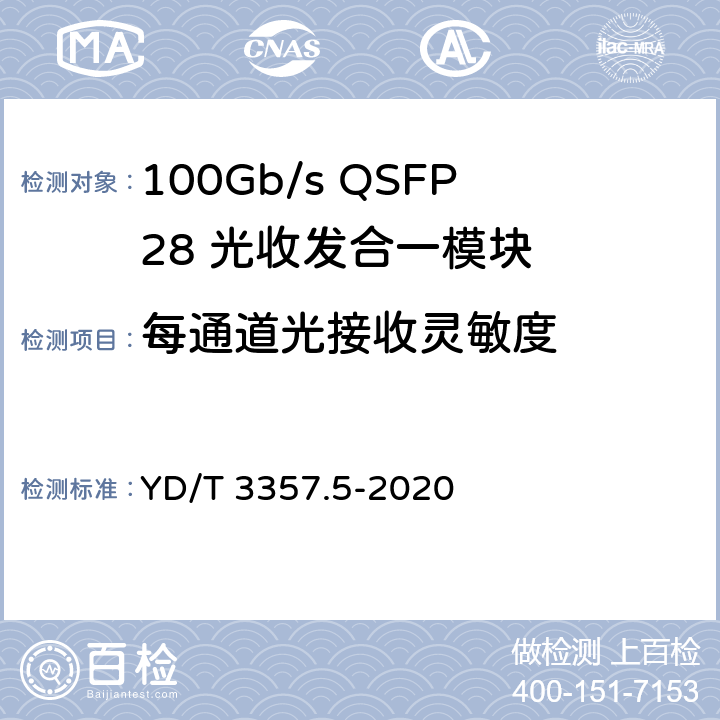 每通道光接收灵敏度 100Gb/s QSFP28 光收发合一模块 第5部分：4×25Gb/s ER4 YD/T 3357.5-2020 7.15