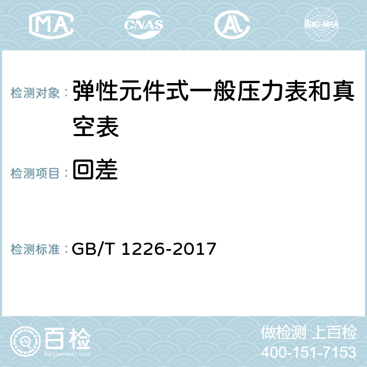 回差 一般压力表 GB/T 1226-2017 5.4