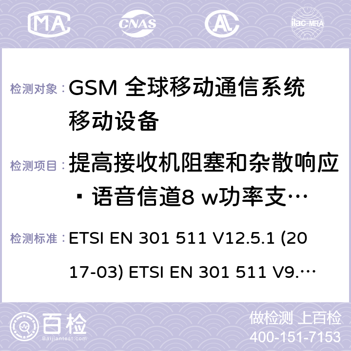 提高接收机阻塞和杂散响应—语音信道8 w功率支持R-GSM或ER-GSM (GSM)全球移动通信系统；涵盖RED指令2014/53/EU 第3.2条款下基本要求的协调标准 ETSI EN 301 511 V12.5.1 (2017-03) ETSI EN 301 511 V9.0.2 (2003-03) 5.3.22