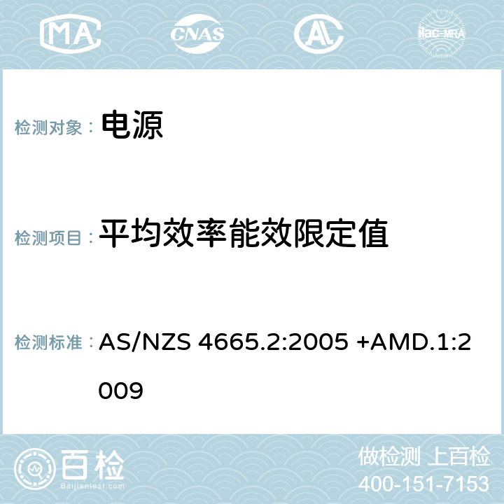 平均效率能效限定值 AS/NZS 4665.2 外部电源的性能-最低能效标准 :2005 +AMD.1:2009 3.1