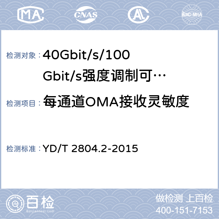 每通道OMA接收灵敏度 YD/T 2804.2-2015 40Gbit/s/100Gbit/s强度调制可插拔光收发合一模块 第2部分：4x25Gbit/s
