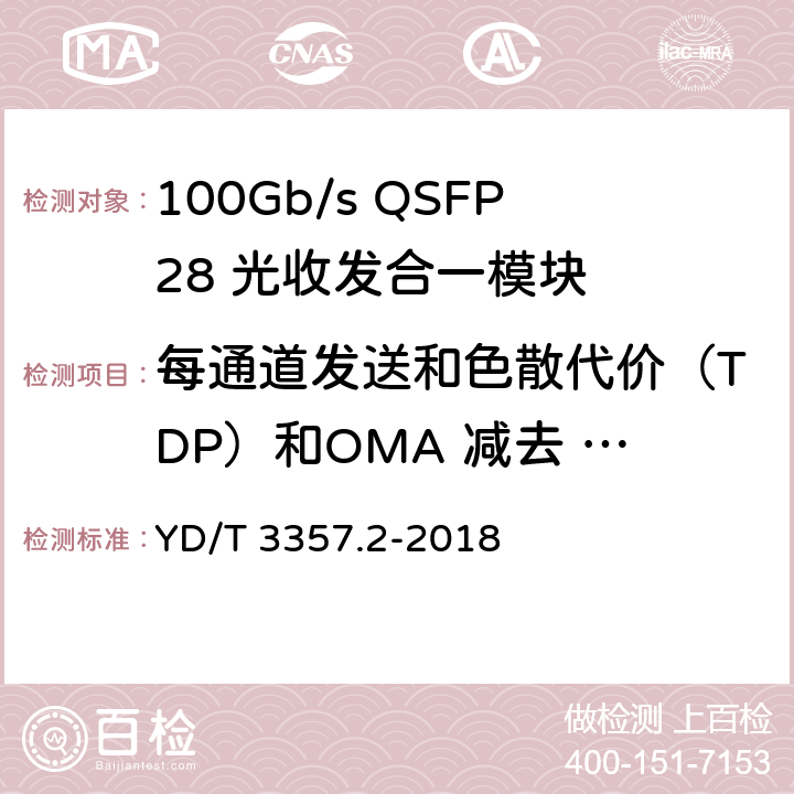 每通道发送和色散代价（TDP）和OMA 减去 TDP 时每通道发送光功率 100Gb/s QSFP28 光收发合一模块 第2部分：4×25Gb/s LR4 YD/T 3357.2-2018 7.3.4