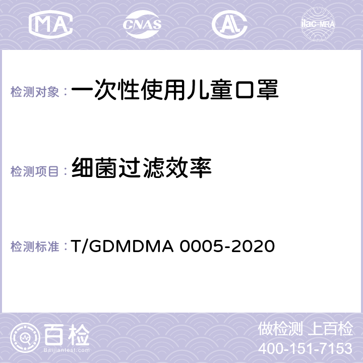 细菌过滤效率 一次性使用儿童口罩 T/GDMDMA 0005-2020 4.5