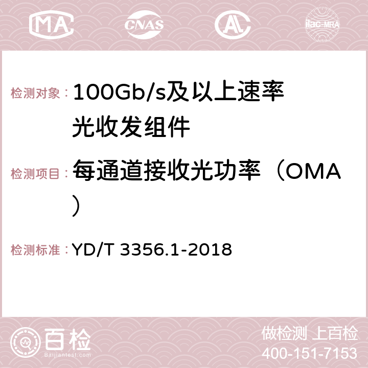 每通道接收光功率（OMA） YD/T 3356.1-2018 100Gb/s及以上速率光收发组件 第1部分：4×25Gb/s CLR4