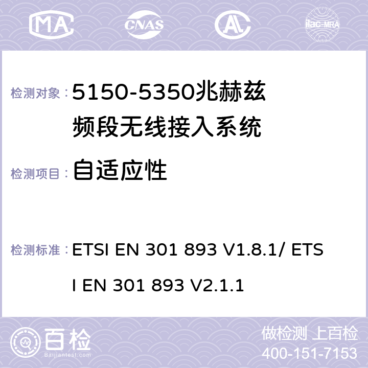 自适应性 宽带无线接入网（BRAN） 5 GHz高性能RLAN ETSI EN 301 893 V1.8.1/ ETSI EN 301 893 V2.1.1 5.3.9/5.4.9