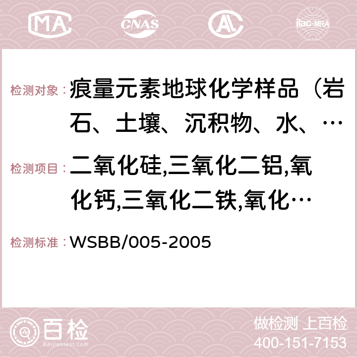 二氧化硅,三氧化二铝,氧化钙,三氧化二铁,氧化钾,氧化镁,氧化钠,砷,钡,溴,铈,氯,钴,铬,铜,镓,铪,镧,锰,铌,钕,镍,磷,铅,铷,硫,钪,锶,钍,钛,钒,钇,锌,锆 勘查地球化学样品分析方法 X射线荧光光谱法测定34种主,次和痕量元素 WSBB/005-2005