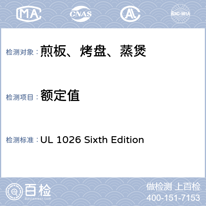 额定值 家用电烹饪及食物制备器具的安全 UL 1026 Sixth Edition CL66
