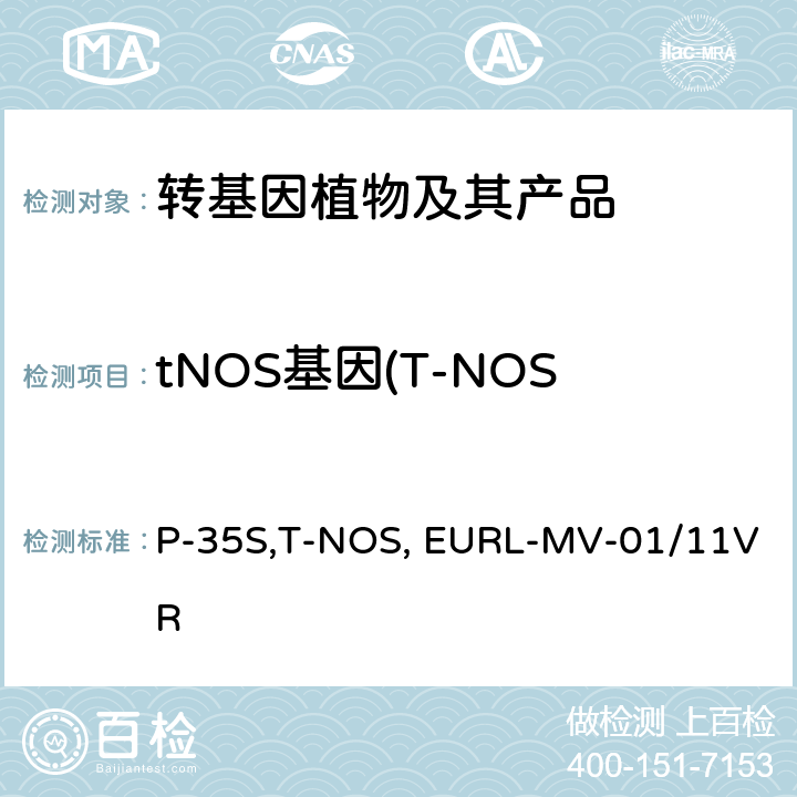 tNOS基因(T-NOS基因、NOS终止子基因) 应用P-35S,T-NOS和CryIAb/Ac的实时PCR方法检测中国转基因大米成分的修订指南 EURL-MV-01/11VRrev1（2014）
