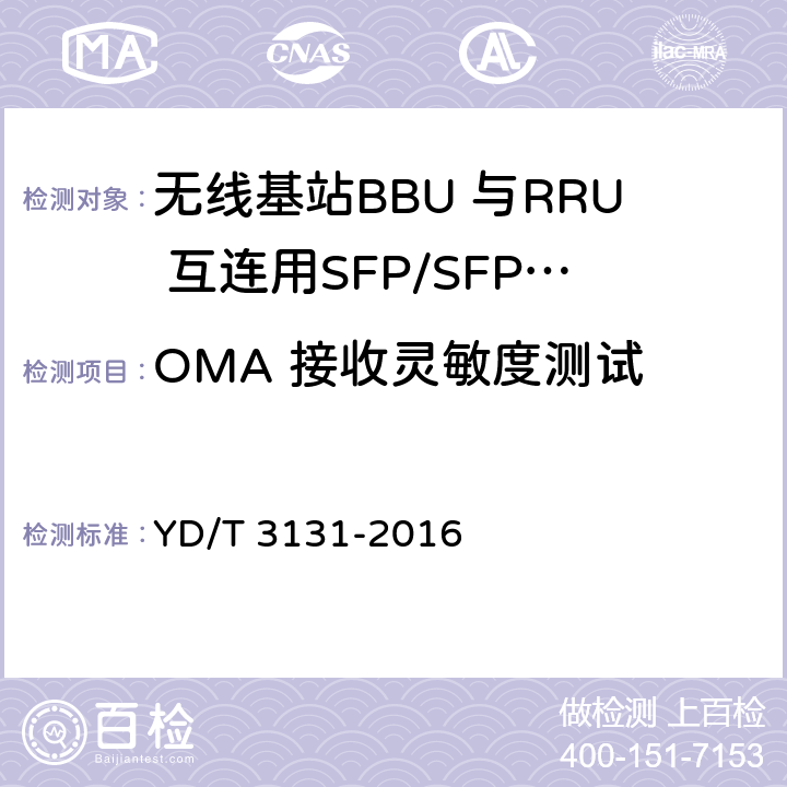 OMA 接收灵敏度测试 YD/T 3131-2016 无线基站BBU与RRU互连用SFP/SFP+光收发合一模块