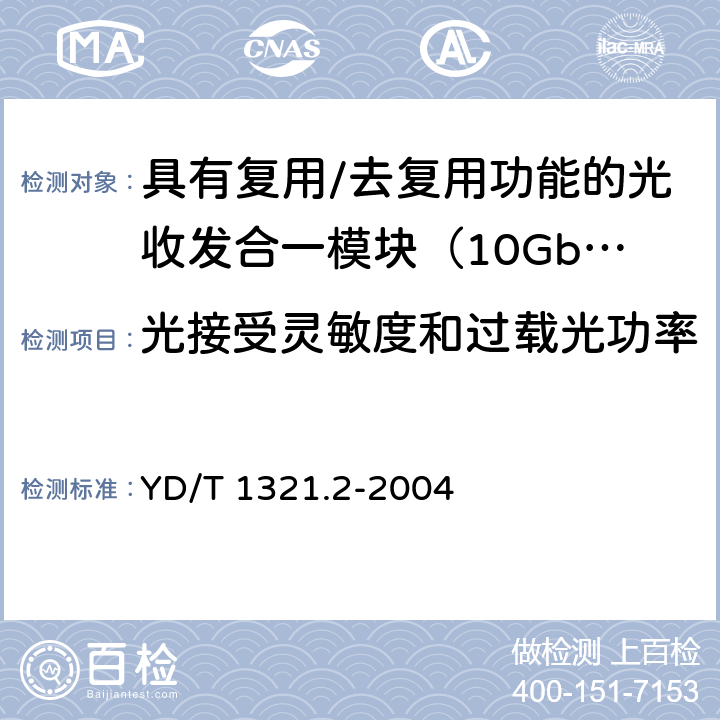 光接受灵敏度和过载光功率 具有复用/去复用功能的光收发合一模块技术条件 第二部分：10Gb/s光收发合一模块 YD/T 1321.2-2004 9.3