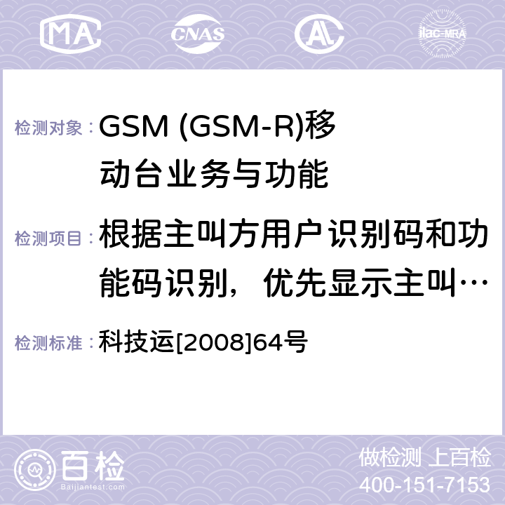根据主叫方用户识别码和功能码识别，优先显示主叫用户的功能号 GSM-R 数字移动通信网设备技术规范 第三部分：手持终端 科技运[2008]64号 7.1.6
