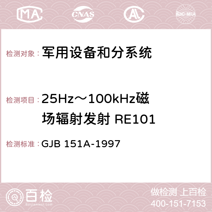 25Hz～100kHz磁场辐射发射 RE101 军用设备和分系统电磁发射和敏感度要求 GJB 151A-1997