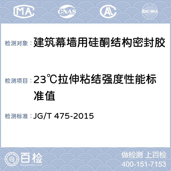 23℃拉伸粘结强度性能标准值 建筑幕墙用硅酮结构密封胶 JG/T 475-2015 5.9