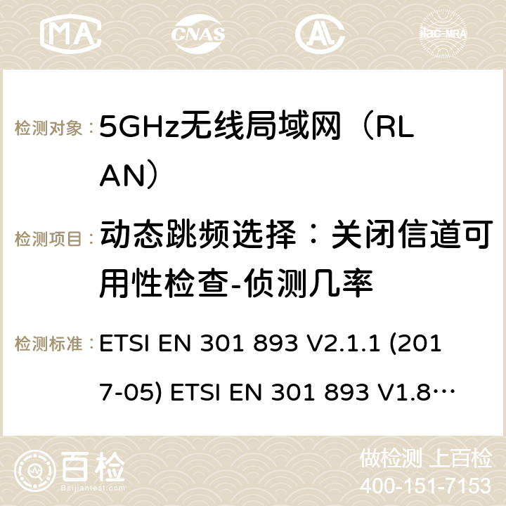 动态跳频选择：关闭信道可用性检查-侦测几率 ETSI EN 301 893 5GHz无线局域网（RLAN）；涵盖RED指令2014/53/EU 第3.2条款下基本要求的协调标准  V2.1.1 (2017-05)  V1.8.1 (2015-03) 5.4.8