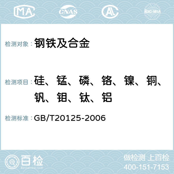 硅、锰、磷、铬、镍、铜、钒、钼、钛、铝 低合金钢 多元素含量的测定 电感耦合等离子体原子发射光谱法 GB/T20125-2006