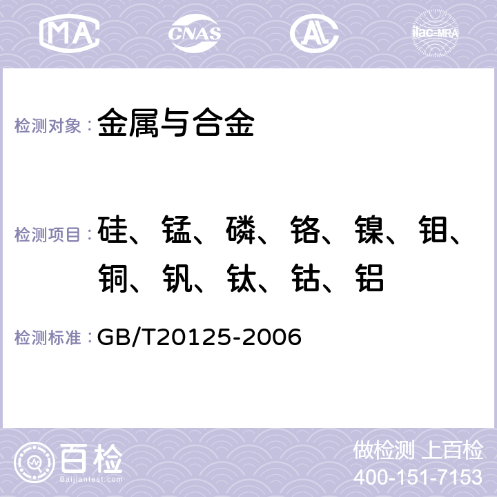 硅、锰、磷、铬、镍、钼、铜、钒、钛、钴、铝 低合金钢 多元素含量的测定 电感耦合等离子体原子发射光谱法 GB/T20125-2006