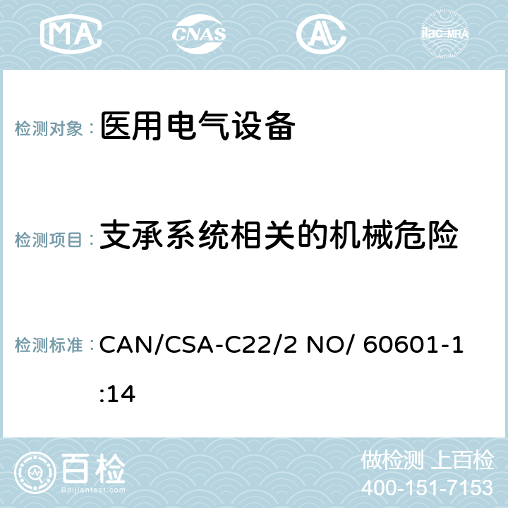 支承系统相关的机械危险 医用电气设备 第1部分： 基本安全和基本性能的通用要求 

CAN/CSA-C22/2 NO/ 60601-1:14 9.8