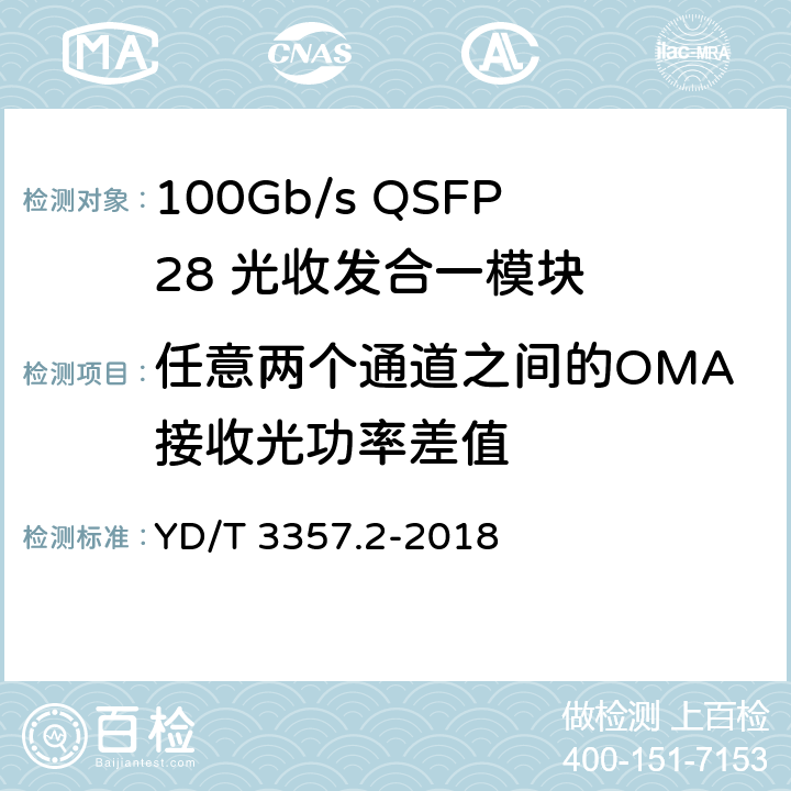 任意两个通道之间的OMA接收光功率差值 100Gb/s QSFP28 光收发合一模块 第2部分：4×25Gb/s LR4 YD/T 3357.2-2018 7.3.9