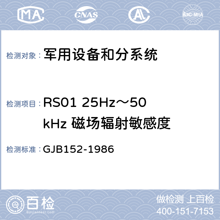 RS01 25Hz～50kHz 磁场辐射敏感度 军用设备和分系统电磁发射和敏感度测量 GJB152-1986 28