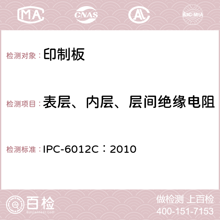 表层、内层、层间绝缘电阻 《刚性印制板的鉴定与性能规范》 IPC-6012C：2010 3.10.9