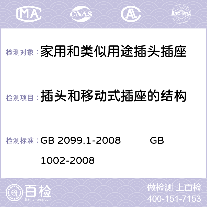 插头和移动式插座的结构 家用和类似用途插头插座第1部分：通用要求 GB 2099.1-2008 GB 1002-2008 14