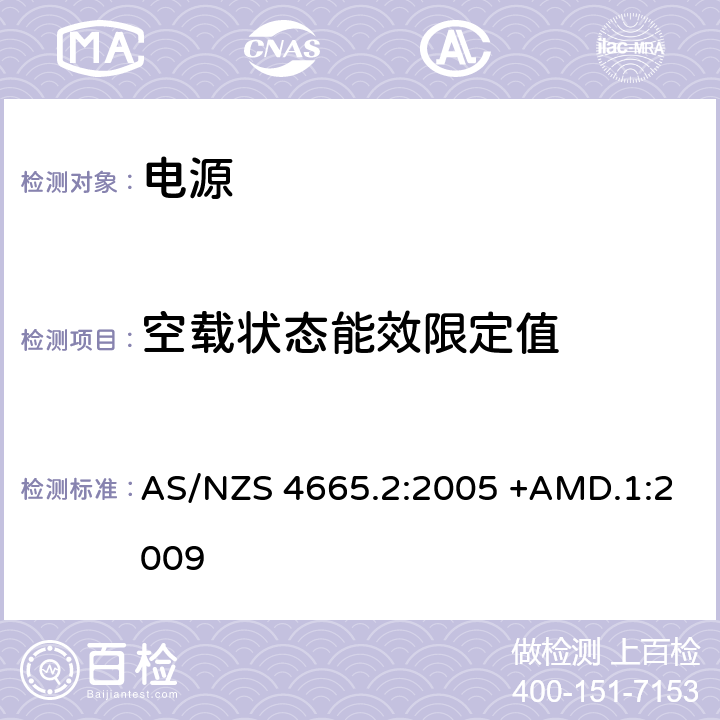 空载状态能效限定值 外部电源的性能-最低能效标准 AS/NZS 4665.2:2005 +AMD.1:2009 3.1