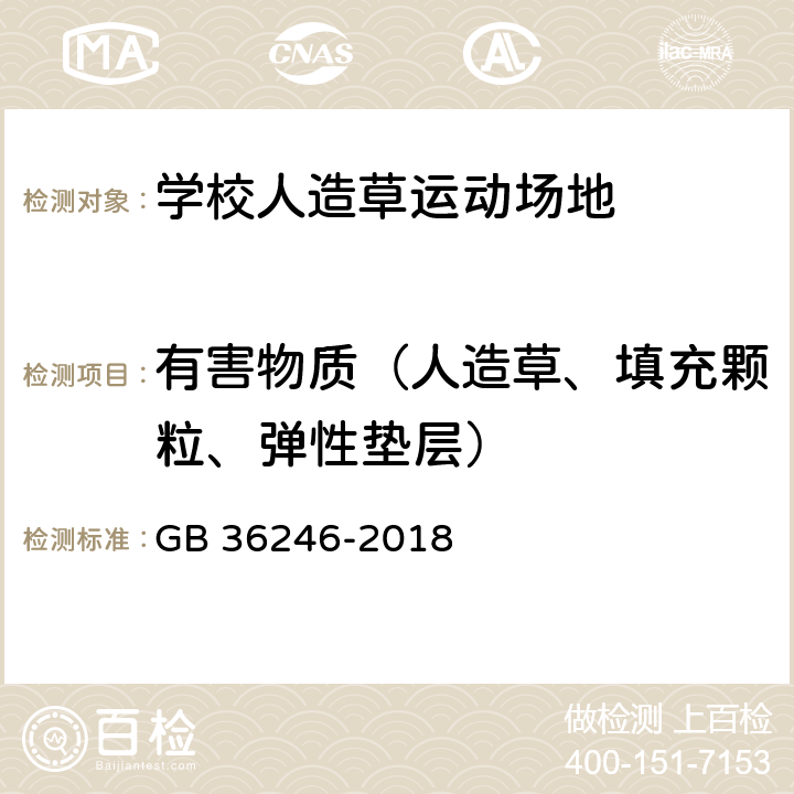 有害物质（人造草、填充颗粒、弹性垫层） GB 36246-2018 中小学合成材料面层运动场地