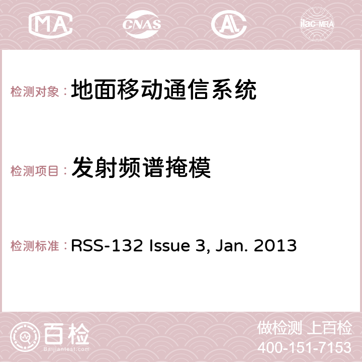 发射频谱掩模 工作在824~849MHz和869~894MHz频段的移动电话 RSS-132 Issue 3, Jan. 2013