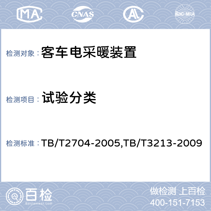 试验分类 铁道客车电取暖装置,高原机车车辆电工电子产品通用技术条件 TB/T2704-2005,TB/T3213-2009 6.2