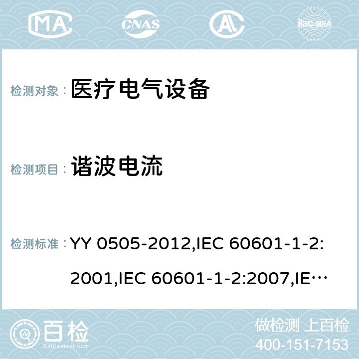 谐波电流 医用电气设备 第1-2部分:安全通用要求 并列标准: 电磁兼容 要求和试验 YY 0505-2012,IEC 60601-1-2:2001,IEC 60601-1-2:2007,IEC 60601-1-2:2014,EN 60601-1-2:2015 36.201.3.1