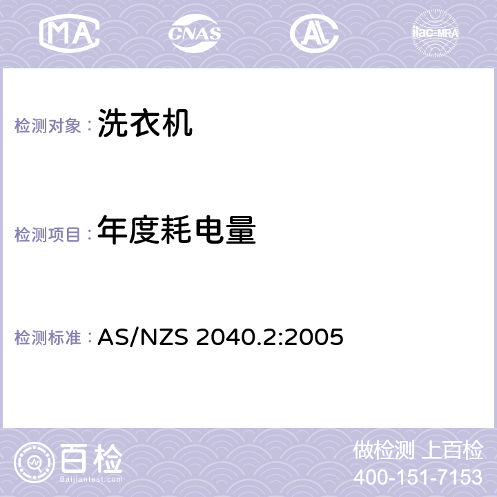 年度耗电量 家用电器性能－洗衣机第2部分：能效标签要求 AS/NZS 2040.2:2005 2.3