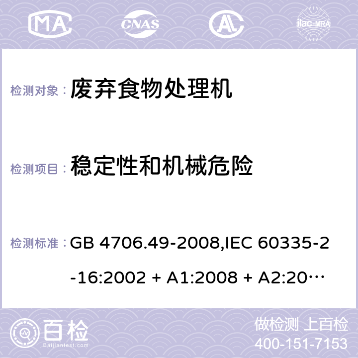 稳定性和机械危险 家用和类似用途电器的安全 第2-16部分:废弃食物处理机的特殊要求 GB 4706.49-2008,IEC 60335-2-16:2002 + A1:2008 + A2:2011,AS/NZS 60335.2.16:2006
+ A1:2009,AS/NZS 60335.2.16:2012,EN 60335-2-16:2003 + A1:2008 + A2:2012+A11:2018 20