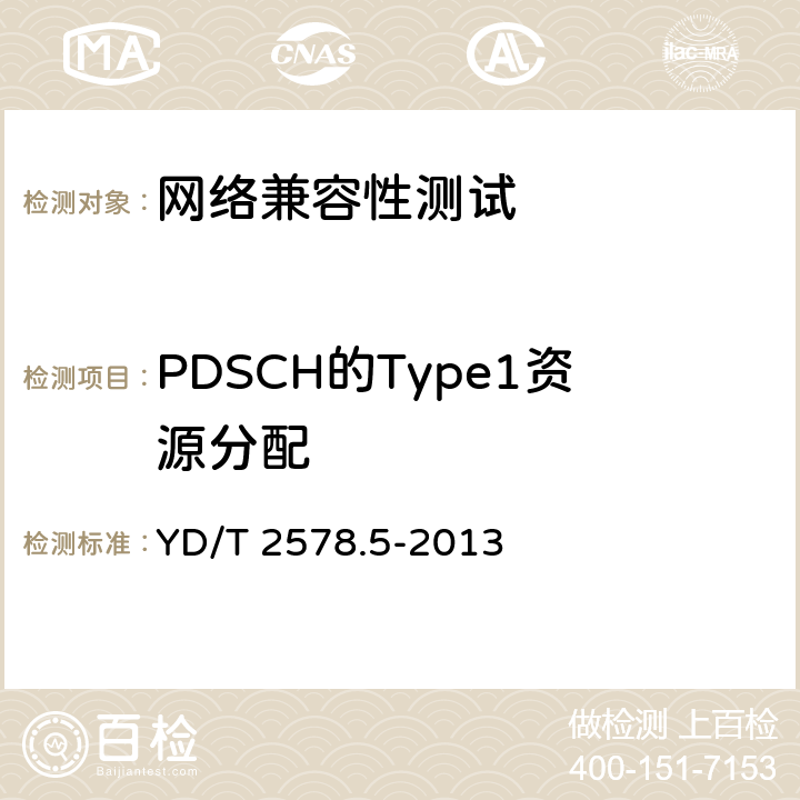 PDSCH的Type1资源分配 LTE FDD数字蜂窝移动通信网 终端设备测试方法(第一阶段) 第5部分:网络兼容性测试 YD/T 2578.5-2013 6.2