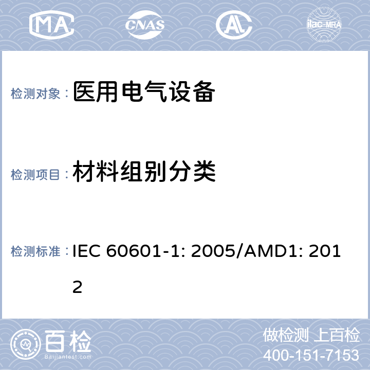 材料组别分类 医用电气设备 第1部分：基本安全和性能通用要求 IEC 60601-1: 2005/AMD1: 2012 8.9.1.7