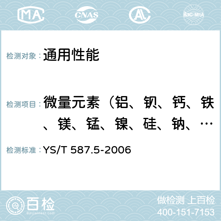 微量元素（铝、钡、钙、铁、镁、锰、镍、硅、钠、钛、钒、锌） 炭阳极用煅后石油焦检测方法 第5部分：微量元素的测定 YS/T 587.5-2006