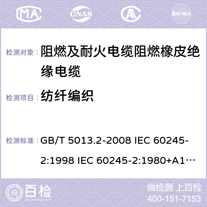 纺纤编织 额定电压450/750V及以下橡皮绝缘电缆 第2部分试验方法 GB/T 5013.2-2008 IEC 60245-2:1998 IEC 60245-2:1980+A1:1985 IEC 60245-2:1994+A1:1997+A2:1998 J 60245-2（H20） JIS C 3663-2：2003 6