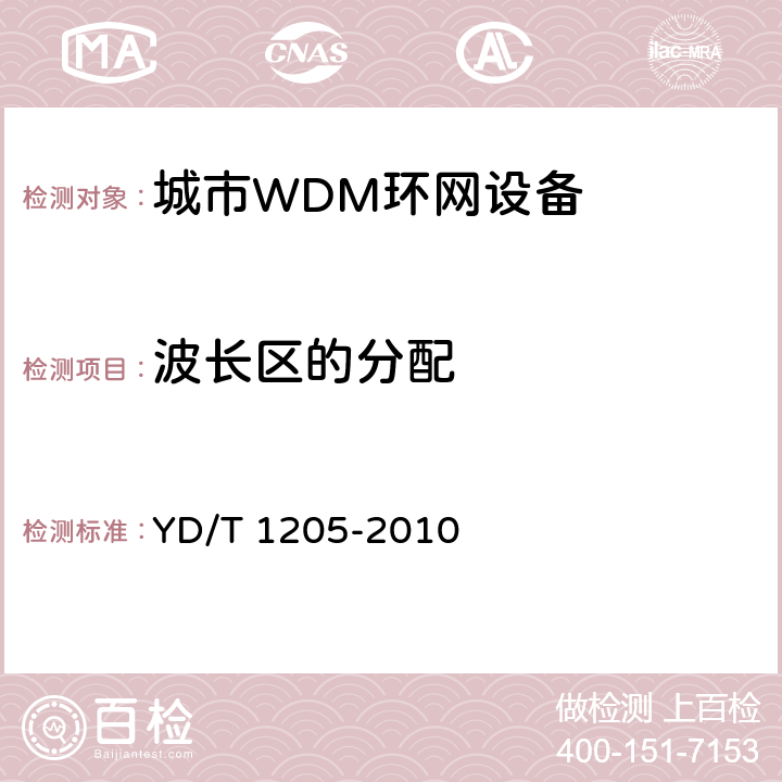 波长区的分配 YD/T 1205-2010 城域光传送网波分复用(WDM)环网技术要求