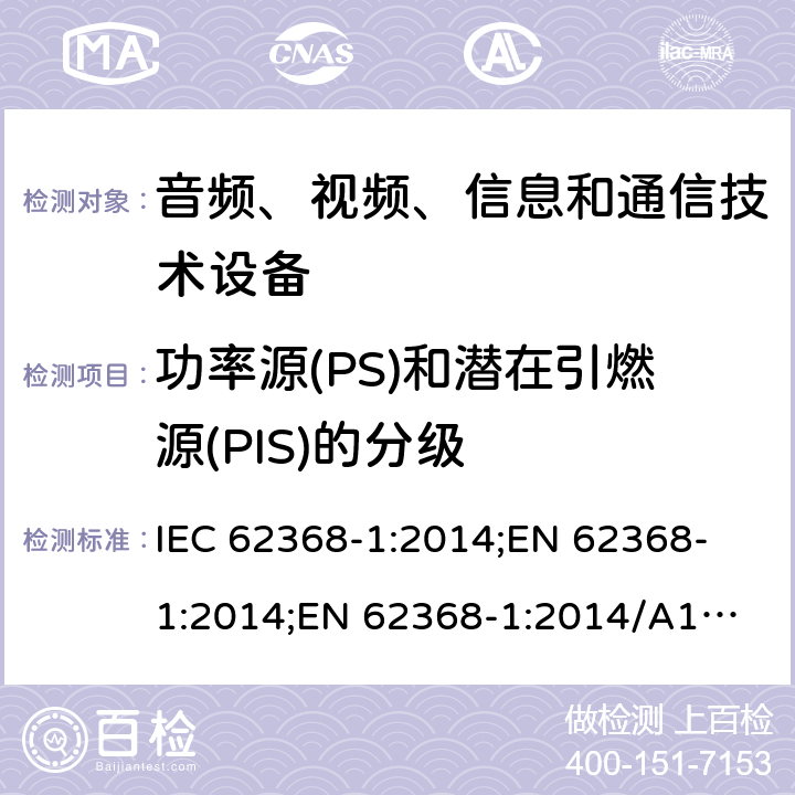 功率源(PS)和潜在引燃源(PIS)的分级 音频、视频、信息和通信技术设备 第1部分：安全要求 IEC 62368-1:2014;
EN 62368-1:2014;
EN 62368-1:2014/A11:2017 6.2