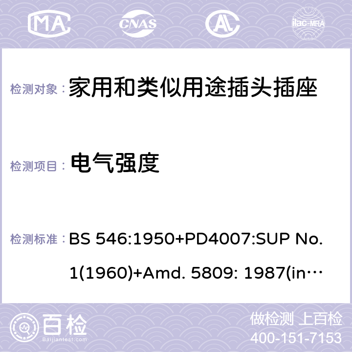 电气强度 两极和两极带接地插座和转换器 BS 546:1950+PD4007:SUP No. 1(1960)+Amd. 5809: 1987(include sup. No. 2: 1987) +Amd. 8914: 1999 36