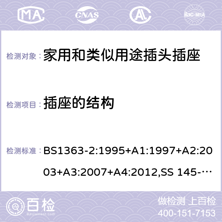 插座的结构 插头、插座、转换器和连接单元 第2部分 13A 带开关和不带开关的插座的规范 BS1363-2:1995+A1:1997+A2:2003+A3:2007+A4:2012,SS 145-2:2010,BS 1363-2:2016 12