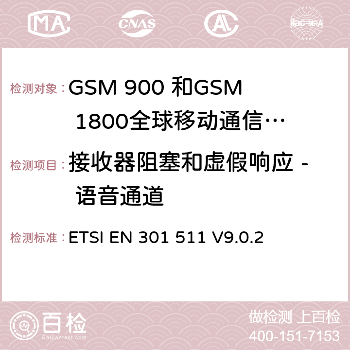 接收器阻塞和虚假响应 - 语音通道 全球移动通信系统（GSM）;移动台的协调EN在GSM 900和GSM 1800频段涵盖了基本要求R＆TTE指令（1999/5 / EC）第3.2条 ETSI EN 301 511 V9.0.2 4.2.20