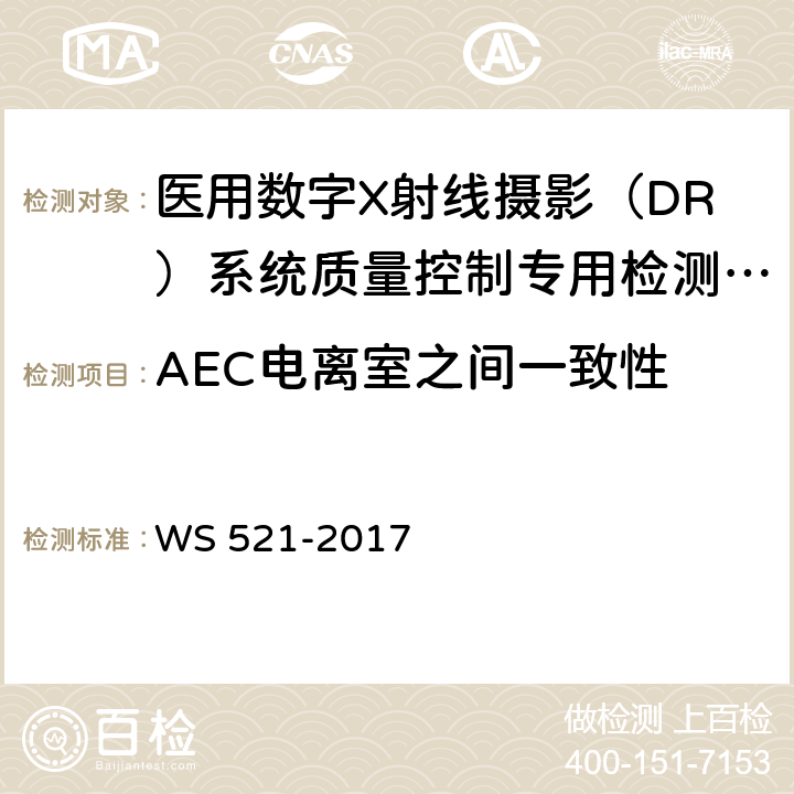 AEC电离室之间一致性 医用数字X射线摄影（DR）系统质量控制检测规范 WS 521-2017 6.11