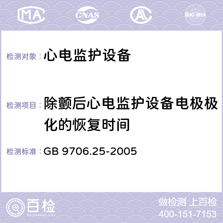 除颤后心电监护设备电极极化的恢复时间 医用电气设备第2-27部分：心电监护设备安全专用要求 GB 9706.25-2005 Cl.51.102