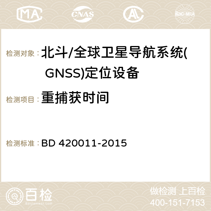 重捕获时间 北斗/全球卫星导航系统( GNSS)定位设备通用规范 BD 420011-2015 5.6.8