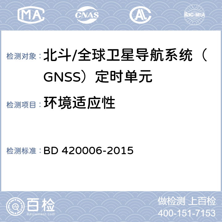 环境适应性 北斗/全球卫星导航系统（GNSS）定时单元性能要求及测试方法 BD 420006-2015 4.6