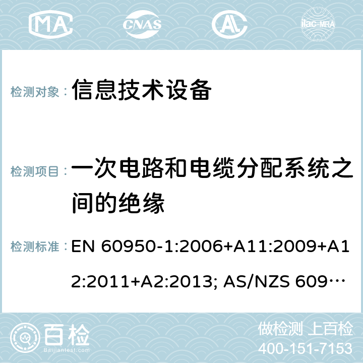 一次电路和电缆分配系统之间的绝缘 信息技术设备-安全 第1部分：通用要求 EN 60950-1:2006+A11:2009+A12:2011+A2:2013; AS/NZS 60950.1:2015; UL 60950-1:2007+A1:2014+A2:2019; CAN/CSA-C 22.2 NO.60950-1-07(R2016) 7.4