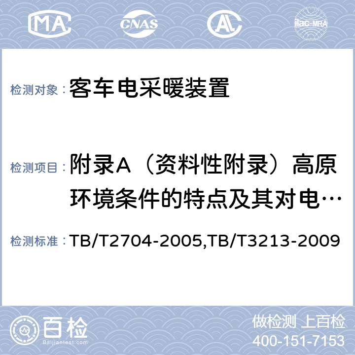 附录A（资料性附录）高原环境条件的特点及其对电工电子产品的影响 铁道客车电取暖装置,高原机车车辆电工电子产品通用技术条件 TB/T2704-2005,TB/T3213-2009 附录A