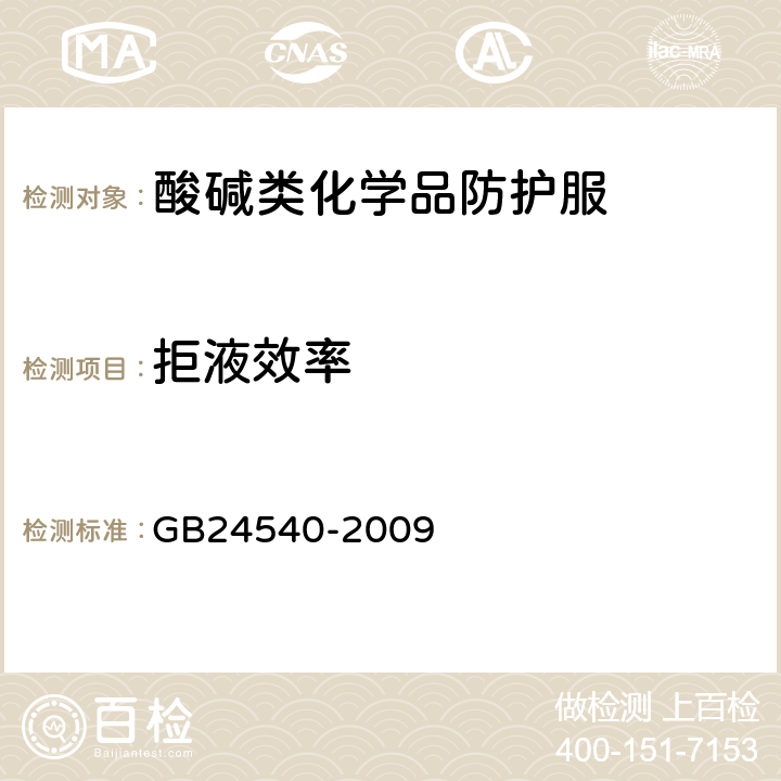 拒液效率 防护服装 酸碱类化学品防护服
 GB24540-2009 附录D