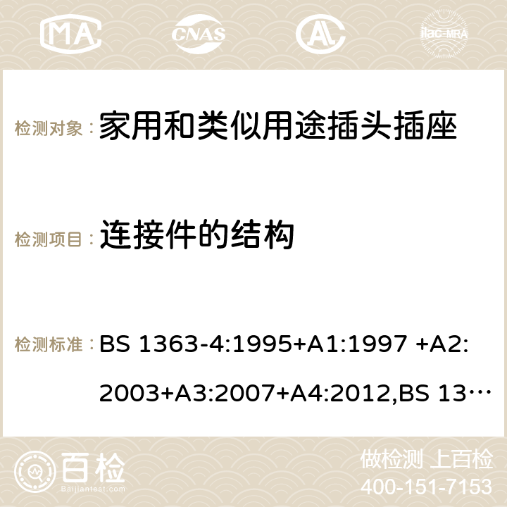 连接件的结构 插头、插座、转换器和连接单元 第4部分 13A 带熔断器带开关和不带开关的连接单元的规范 BS 1363-4:1995+A1:1997 +A2:2003+A3:2007+A4:2012,BS 1363-4:2016 13